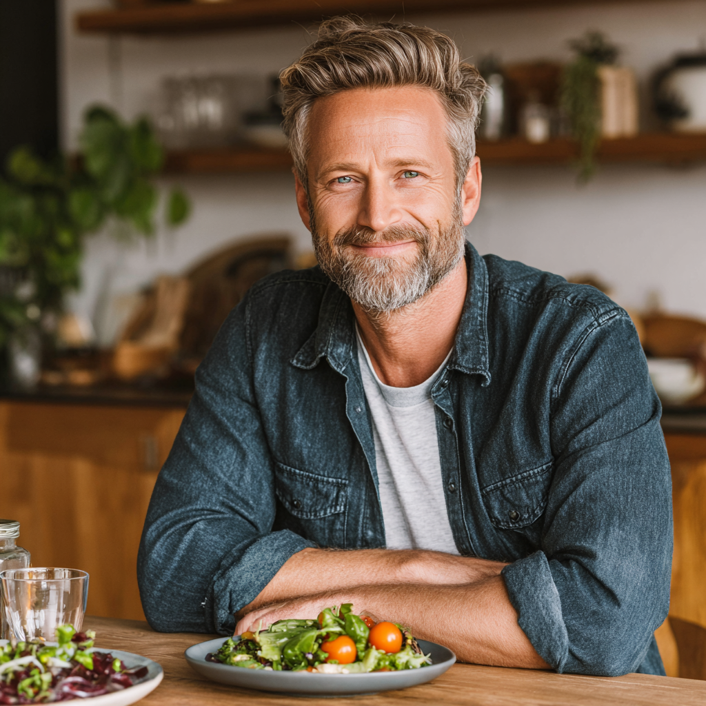 Confident middle-aged man in his forties sitting at a table with healthy meal, representing balanced nutrition and wellness consultation