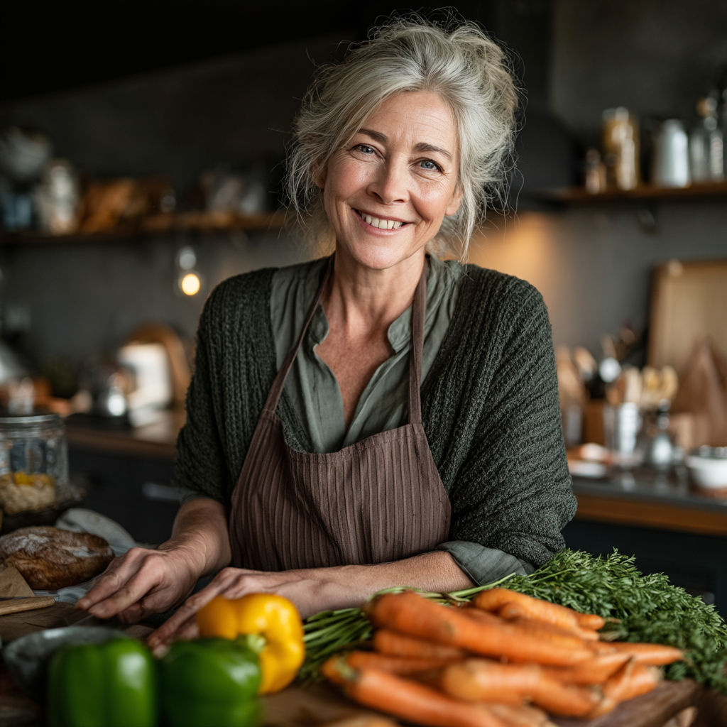 Mature woman in her fifties smiling while preparing fresh vegetables in a modern kitchen, embodying healthy lifestyle and nutrition planning